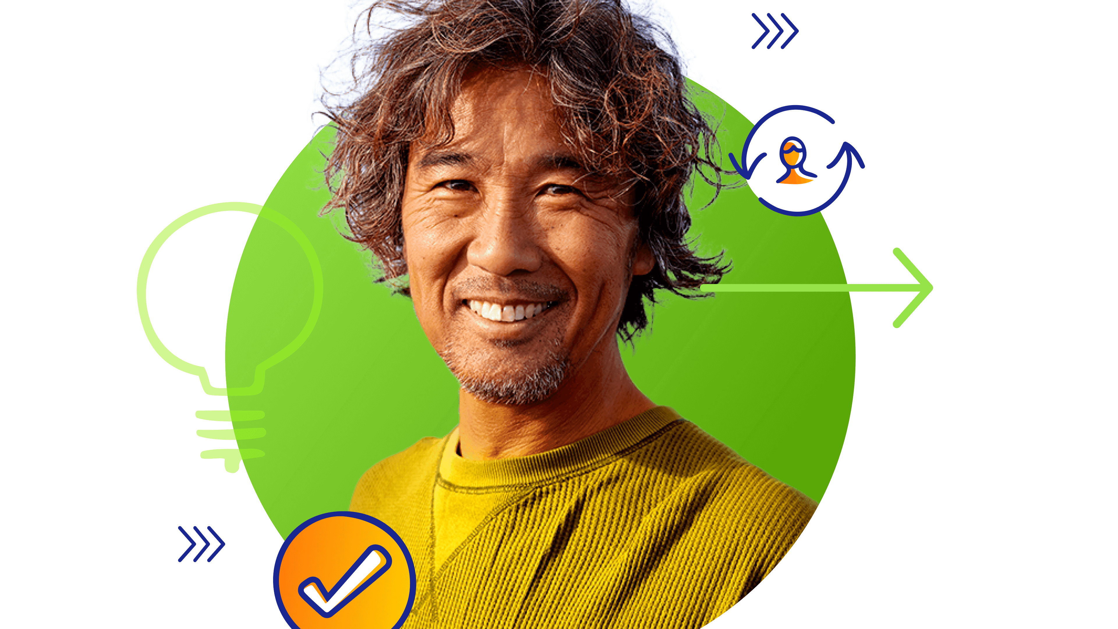 Smiling man in a green circle, surrounded by icons for ideas, approval, and progress.