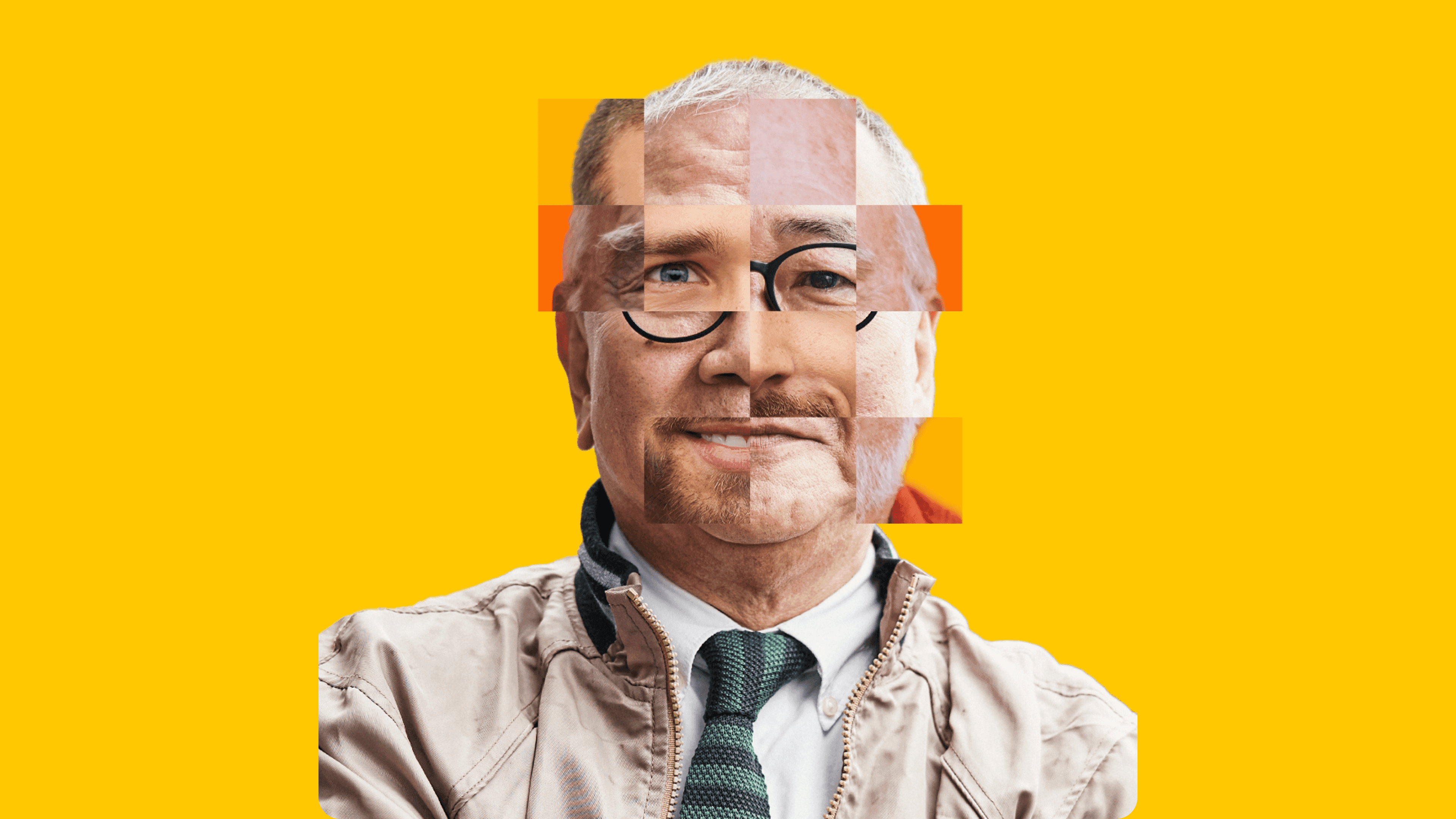 Man's face assembled from a mosaic of different faces, wearing glasses, a tie, and jacket, on a yellow background.